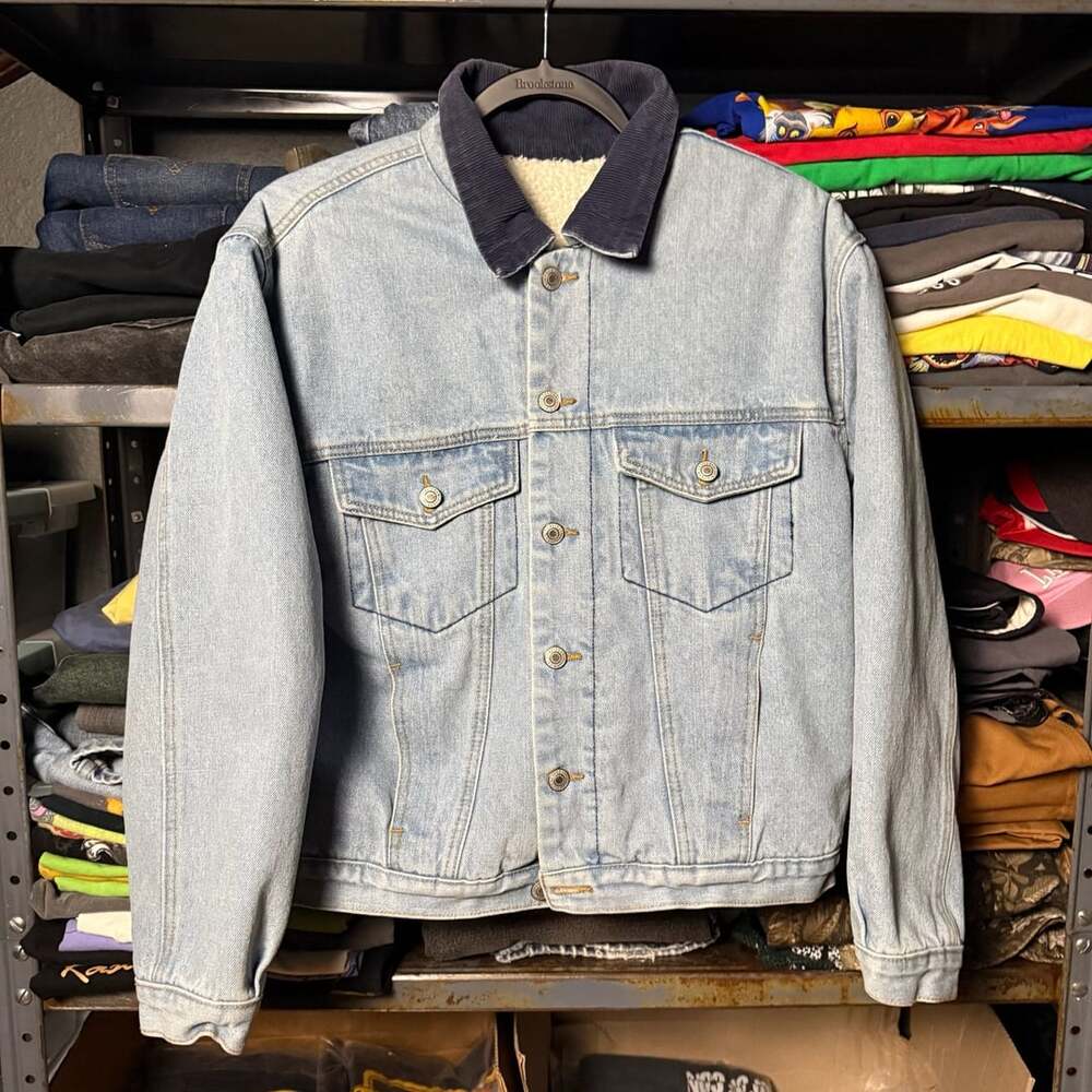 John Galt California Sherpa-Lined Denim Trucker Jacket with Corduroy Collar